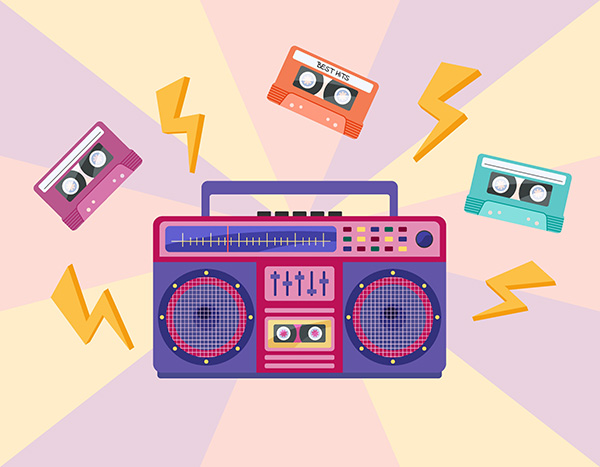 1990s music. Vibrant boombox and tapes isolated. Audio recorder retro device from 80s 90s. Flat vector illustration of colorful boombox and cassettes.